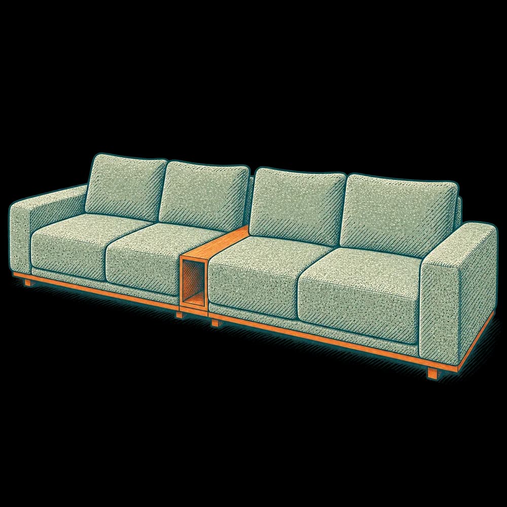 Musgo · Sofá modular con repisa central · Relieve