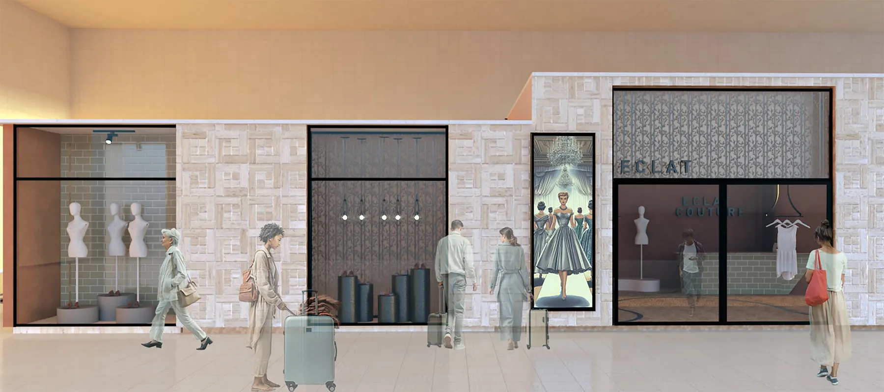 Éclat Couture · La barra de bolsos con la columna de mármol rosa. · IO's Architecture