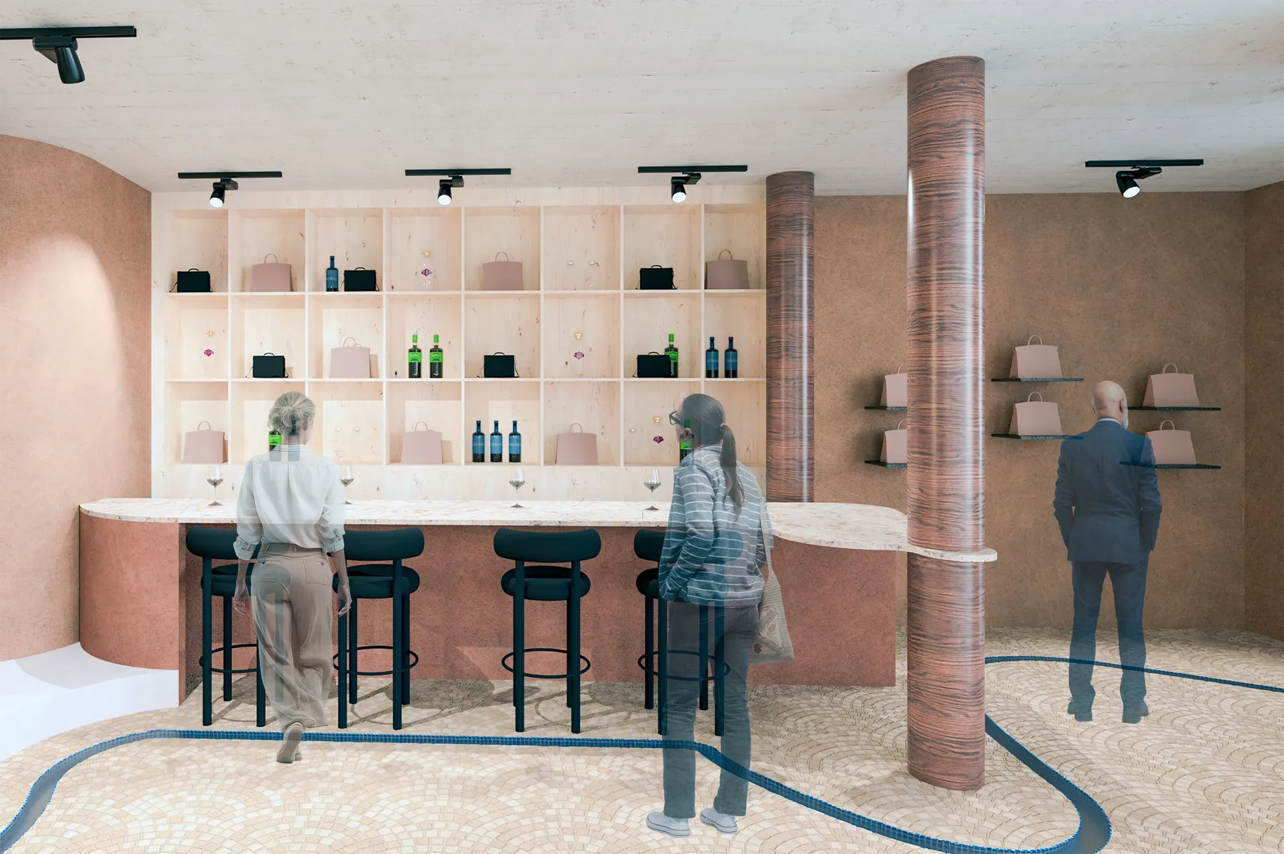 Éclat Couture · Entrada y perfumería: la mesa redonda de madera con los frascos azules. · IO's Architecture